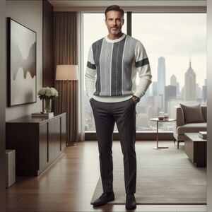 Protegé Collection Vintage Knit Texture Ivory White Grey Pullover Sweater Size L